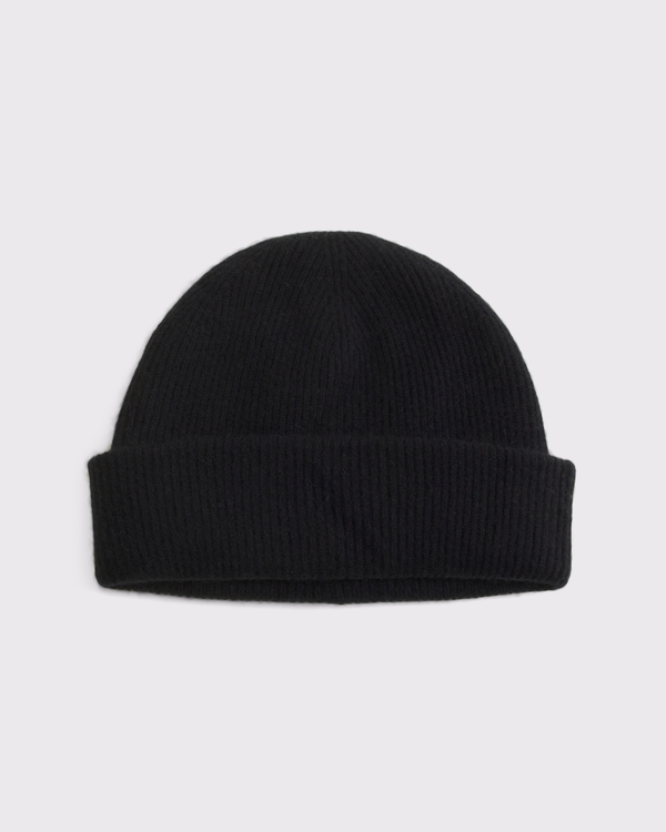100% Cashmere Rib Beanie, Black view 1