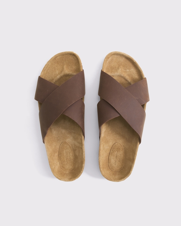Cross-Strap Suede Slide Sandals, Brown view 1