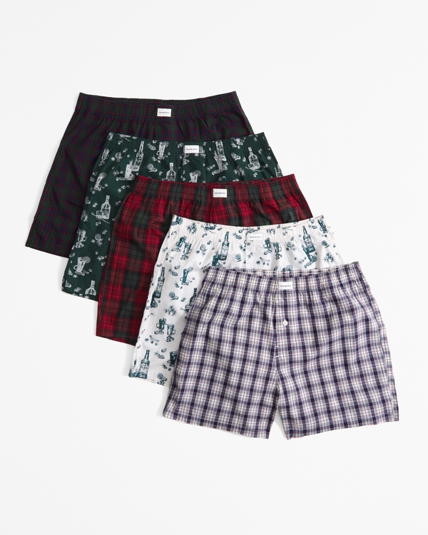 5-Pack Woven Logo Boxers, White Plaid Multicolor