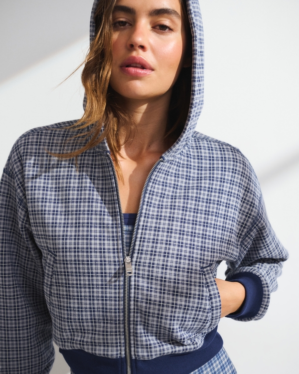 On The Go 6 AM Full-Zip Hoodie, Navy Plaid view 1