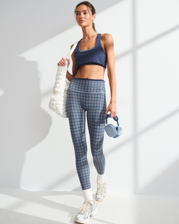 YPB studioFLEX Cotton-Blend Overlay Sports Bra, Navy Plaid view 2