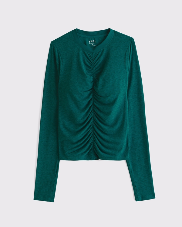 YPB Active Featherweight Long-Sleeve Ruched Tee, Green view 1