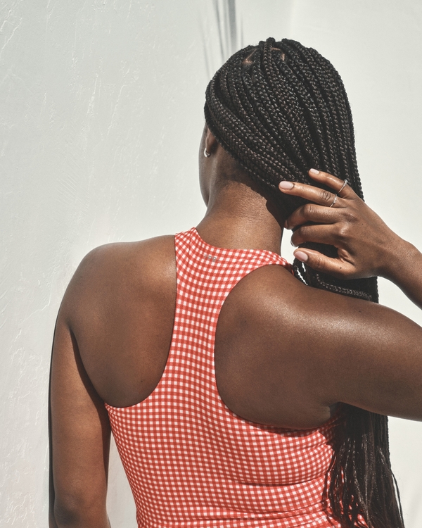 YPB sculptLUX Racerback V-Neck Tank, Red Gingham view 2