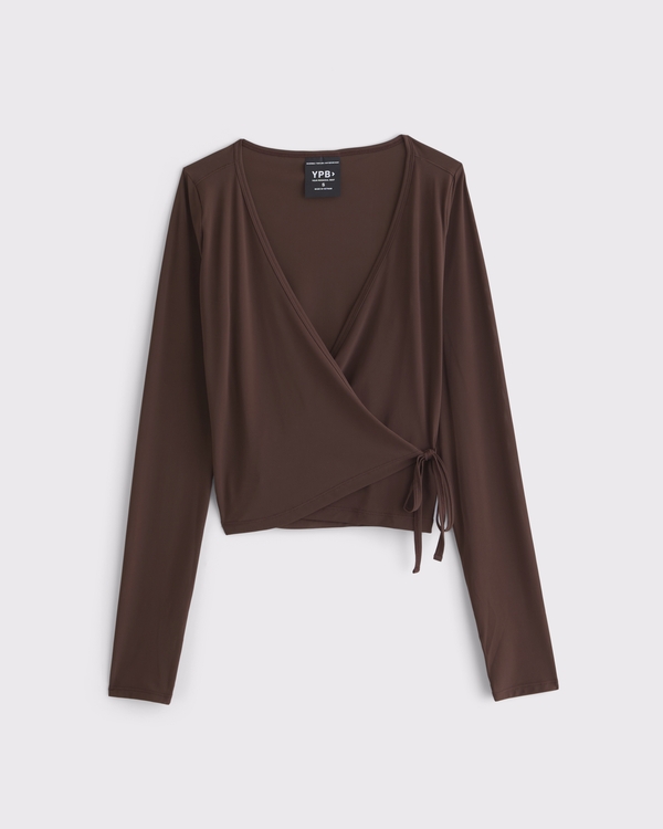 YPB Mesh Long-Sleeve Wrap Top, Brown view 1