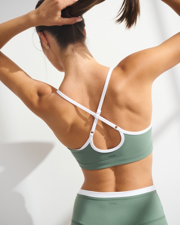 YPB studioFLEX Henley Sports Bra, Olive And White view 2