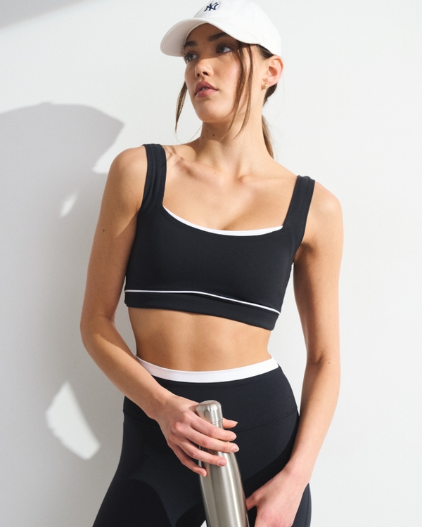 YPB studioFLEX Double-Layered Sports Bra, Black With White Band view 1