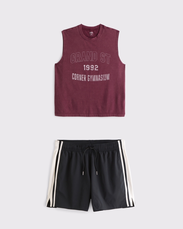 YPB Active Cotton Blend Muscle Tank & Retro Short Set, Dark Red Dd view 1