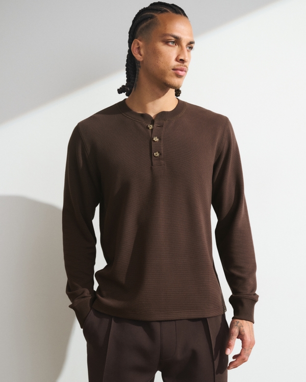 YPB Active Waffle Texture Long-Sleeve Henley Tee, Espresso view 1