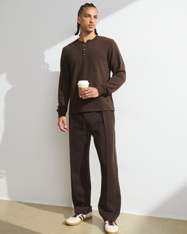 YPB Active Waffle Texture Long-Sleeve Henley Tee, Espresso view 2