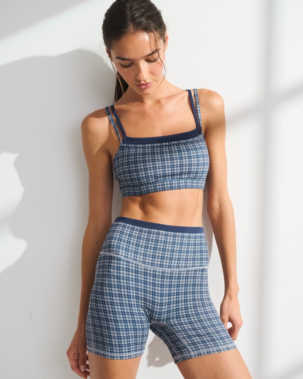YPB studioFLEX Bike Short, Navy Plaid view 1
