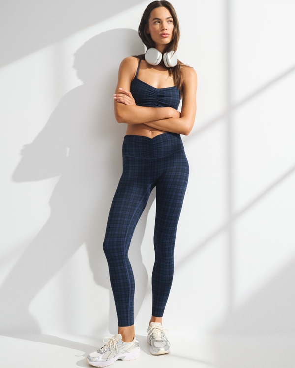 YPB 7/8-Length Ruched Legging, Navy Plaid view 1