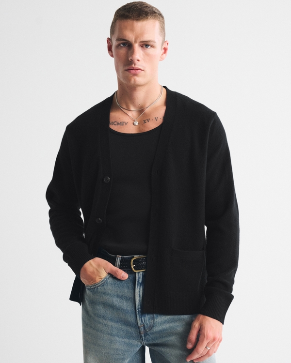 100% Merino Wool Cardigan, Black view 1