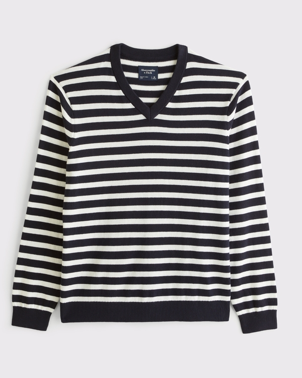V-Neck Sweater, Navy Stripe view 1