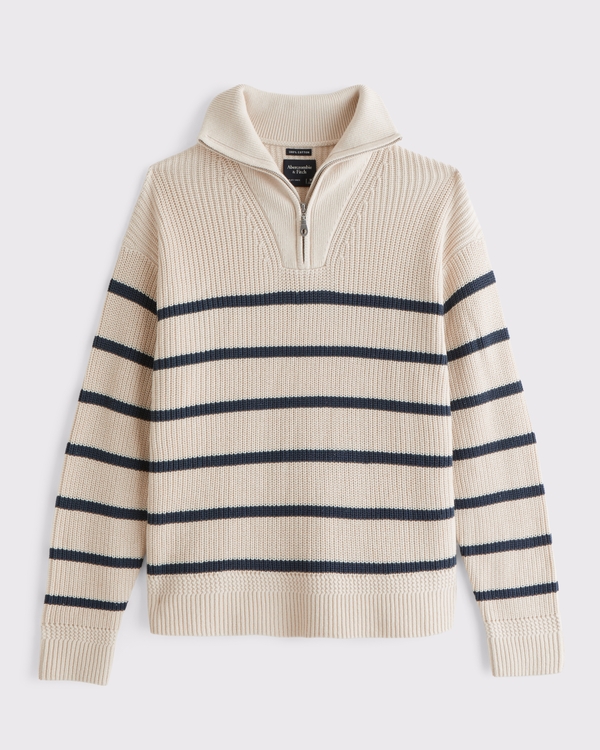 100% Cotton Fold Down Collar Quarter-Zip Sweater, Cream Stripe view 1