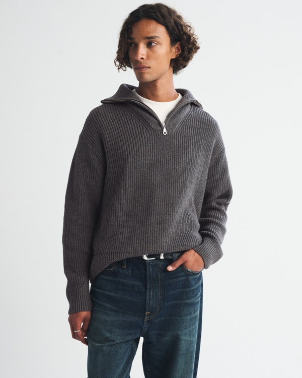 100% Cotton Fold Down Collar Quarter-Zip Sweater, Charcoal view 1