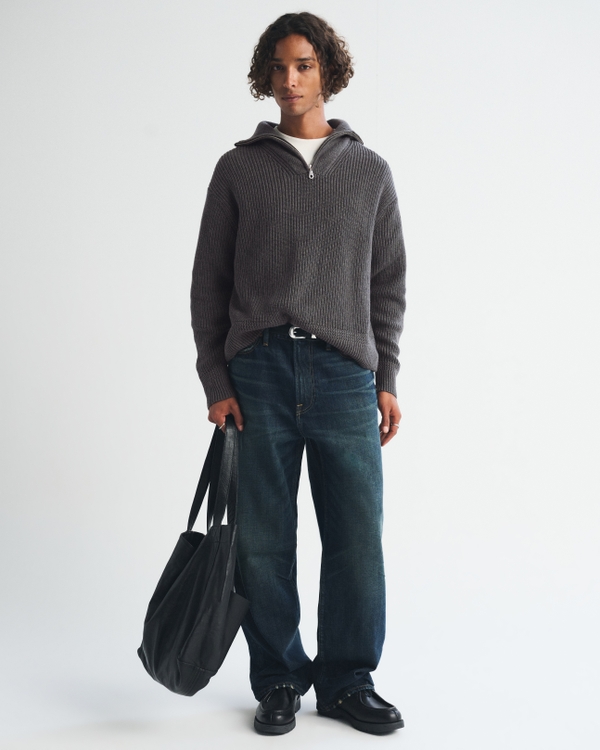 100% Cotton Fold Down Collar Quarter-Zip Sweater, Charcoal view 2