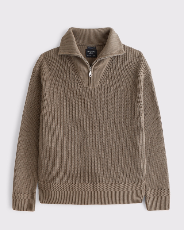 100% Cotton Fold Down Collar Quarter-Zip Sweater, Light Brown view 1