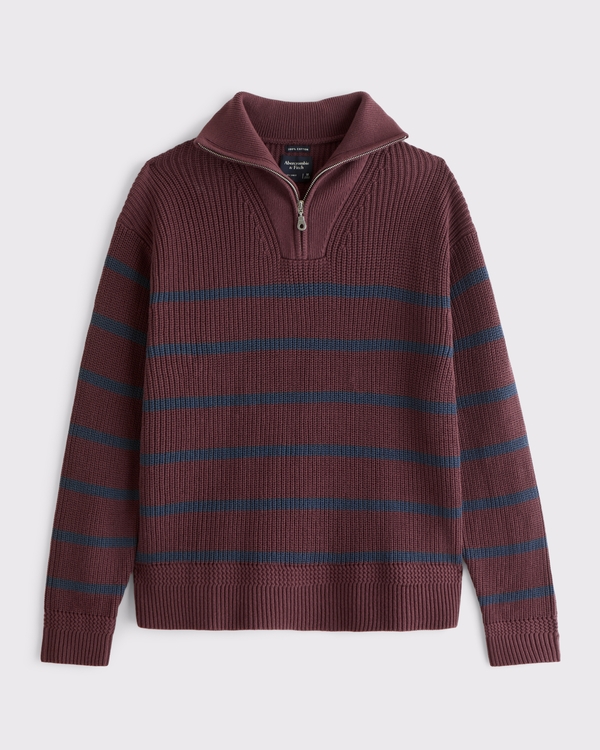 100% Cotton Fold Down Collar Quarter-Zip Sweater, Red Wine Stripe view 1