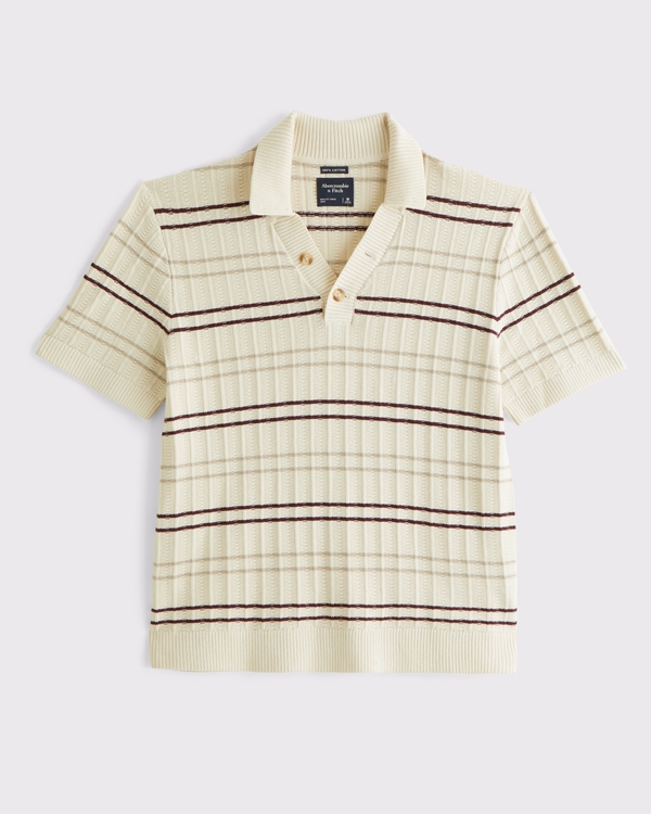 100% Cotton Rib 2-Button Sweater Polo, Cream Stripe view 1