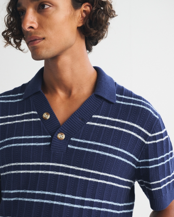 100% Cotton Rib 2-Button Sweater Polo, Navy Stripe view 1