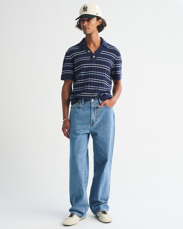 100% Cotton Rib 2-Button Sweater Polo, Navy Stripe view 2