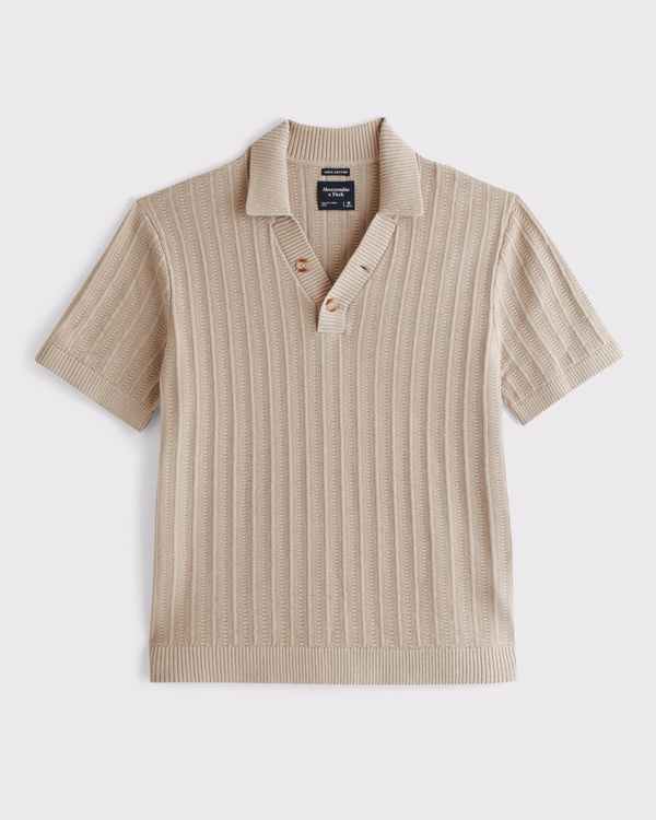 100% Cotton Rib 2-Button Sweater Polo, Beige view 1
