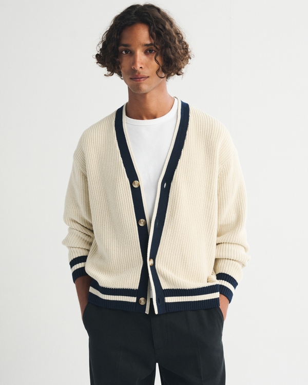 100% Cotton Retro Prep Cardigan, Beige view 1