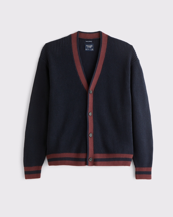 100% Cotton Retro Prep Cardigan, Navy view 1