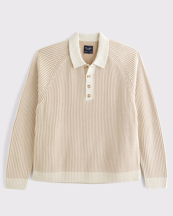 Long-Sleeve Rib Collared Sweater Polo, Taupe view 1