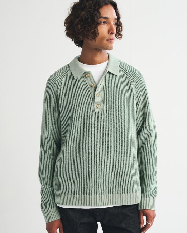 Long-Sleeve Rib Collared Sweater Polo, Cool Sage view 1