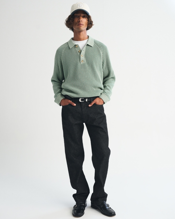 Long-Sleeve Rib Collared Sweater Polo, Cool Sage view 2