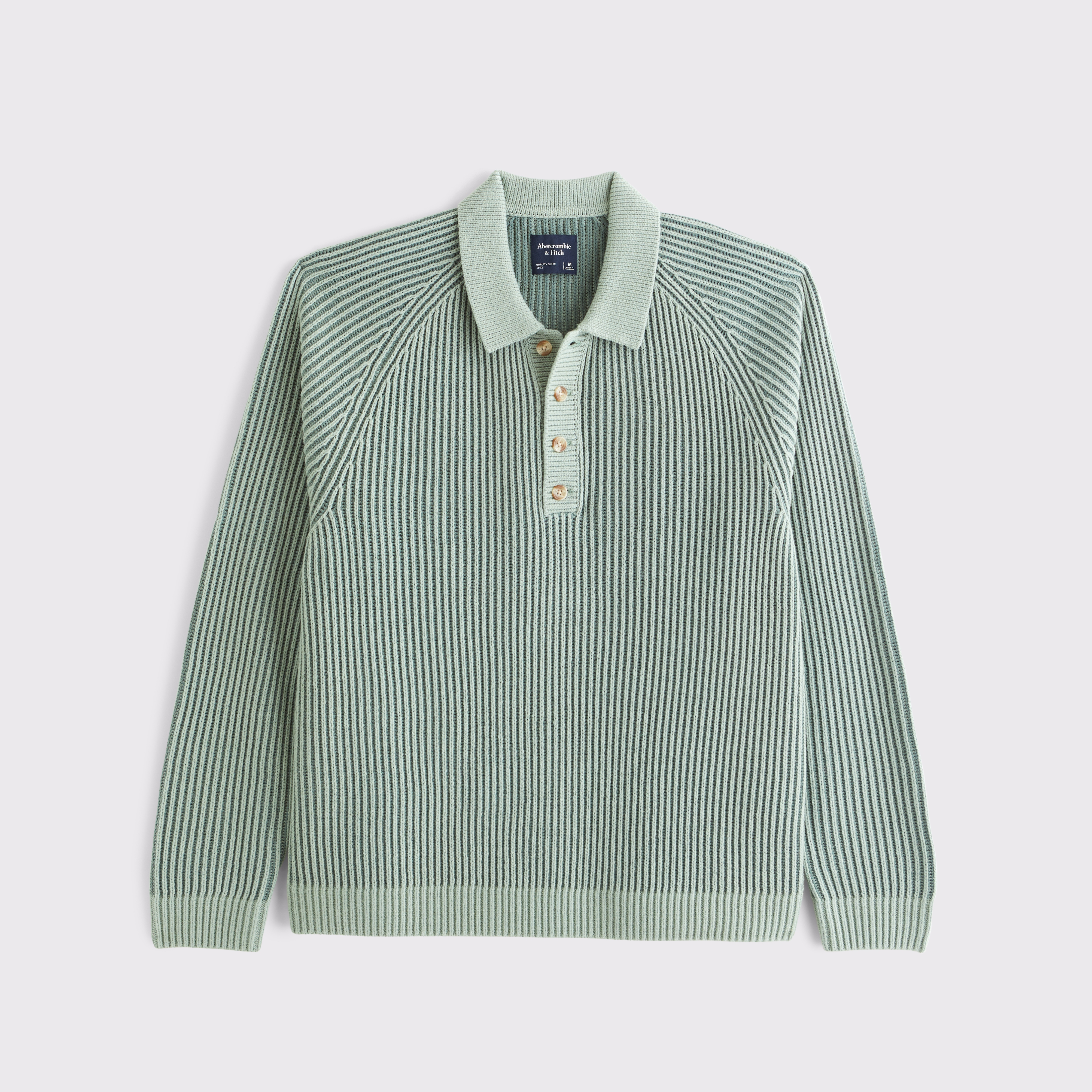 Мужские рубашки Abercrombie & Fitch Long-Sleeve Rib Collared Sweater Polo, цвет: Холодный шалфейный — фото 1