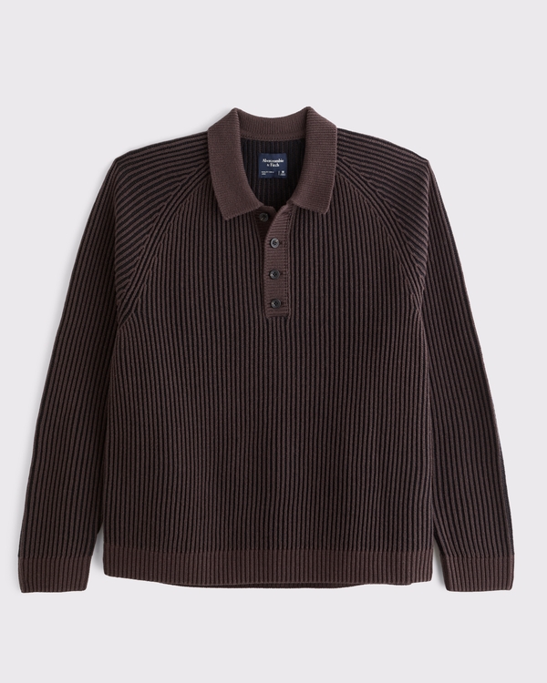 Long-Sleeve Rib Collared Sweater Polo, Dark Coffee view 1