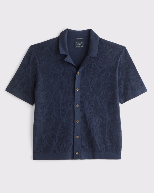 100% Pima Cotton Floral Button-Through Sweater Polo, Navy view 1