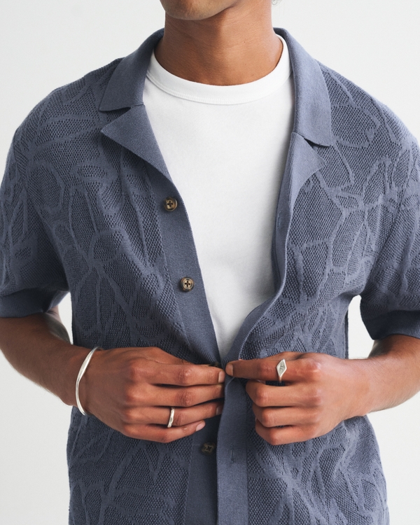 100% Pima Cotton Floral Button-Through Sweater Polo, Deep Sapphire view 1