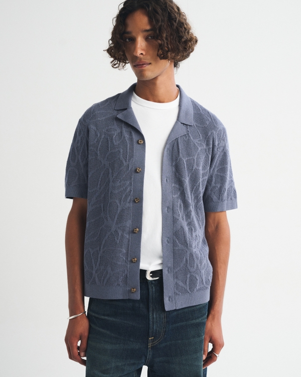 100% Pima Cotton Floral Button-Through Sweater Polo, Deep Sapphire view 2
