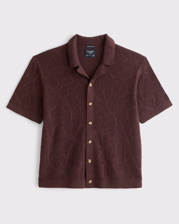 100% Pima Cotton Floral Button-Through Sweater Polo, Chocolate view 1