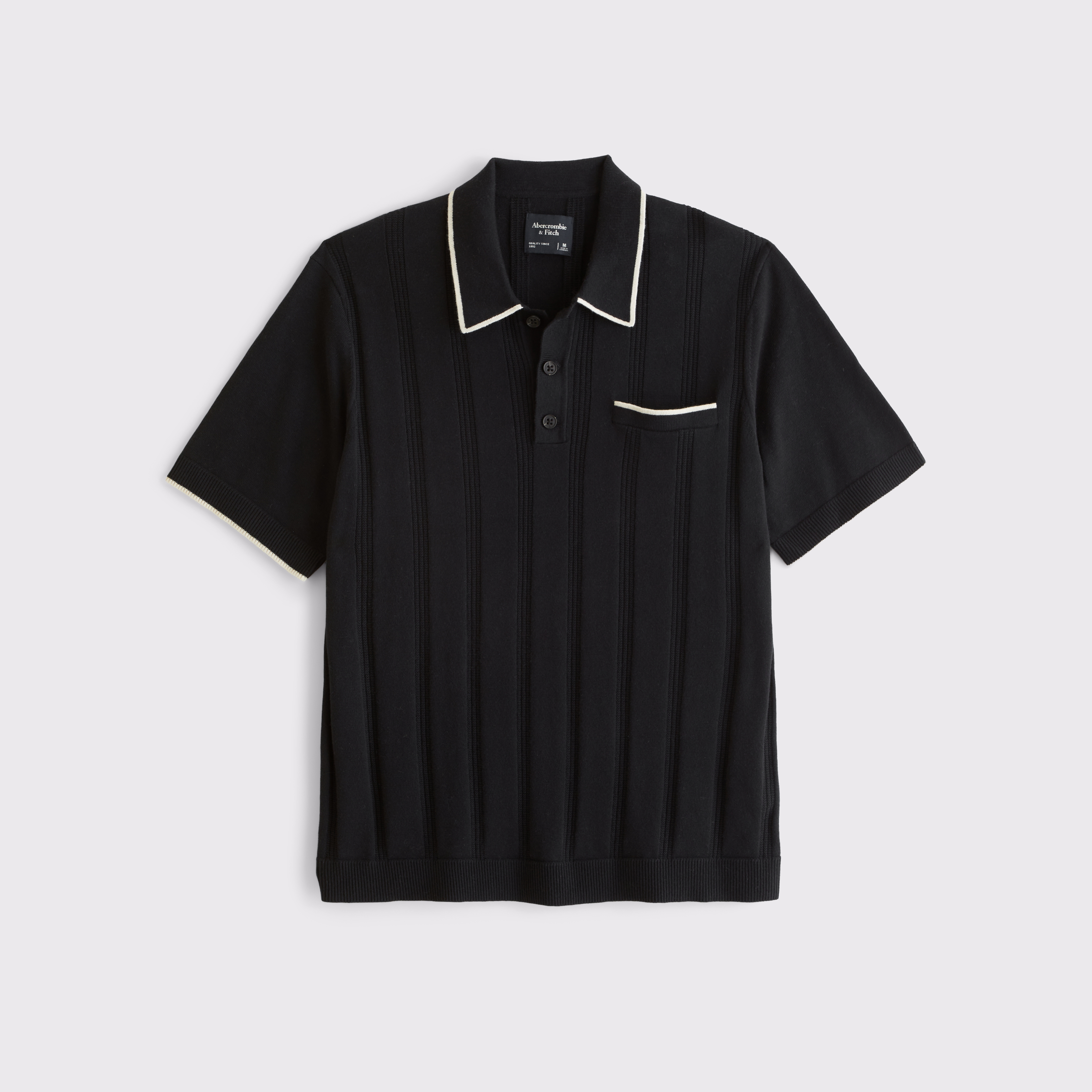 Мужские рубашки Abercrombie & Fitch Refined Rib 3-Button Sweater Polo, цвет: Чёрный — фото 1
