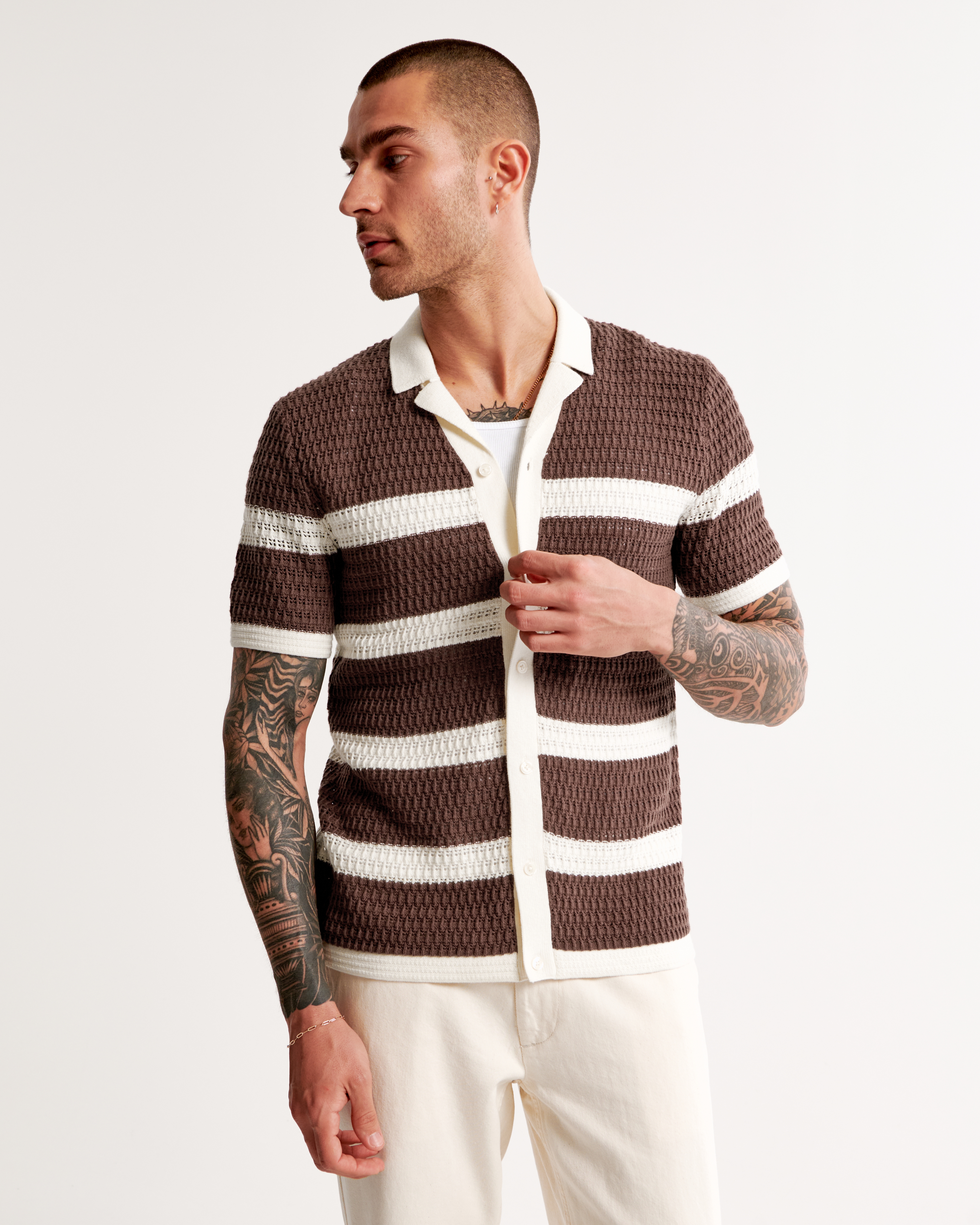 Crochet Striped Button-Through Sweater Polo