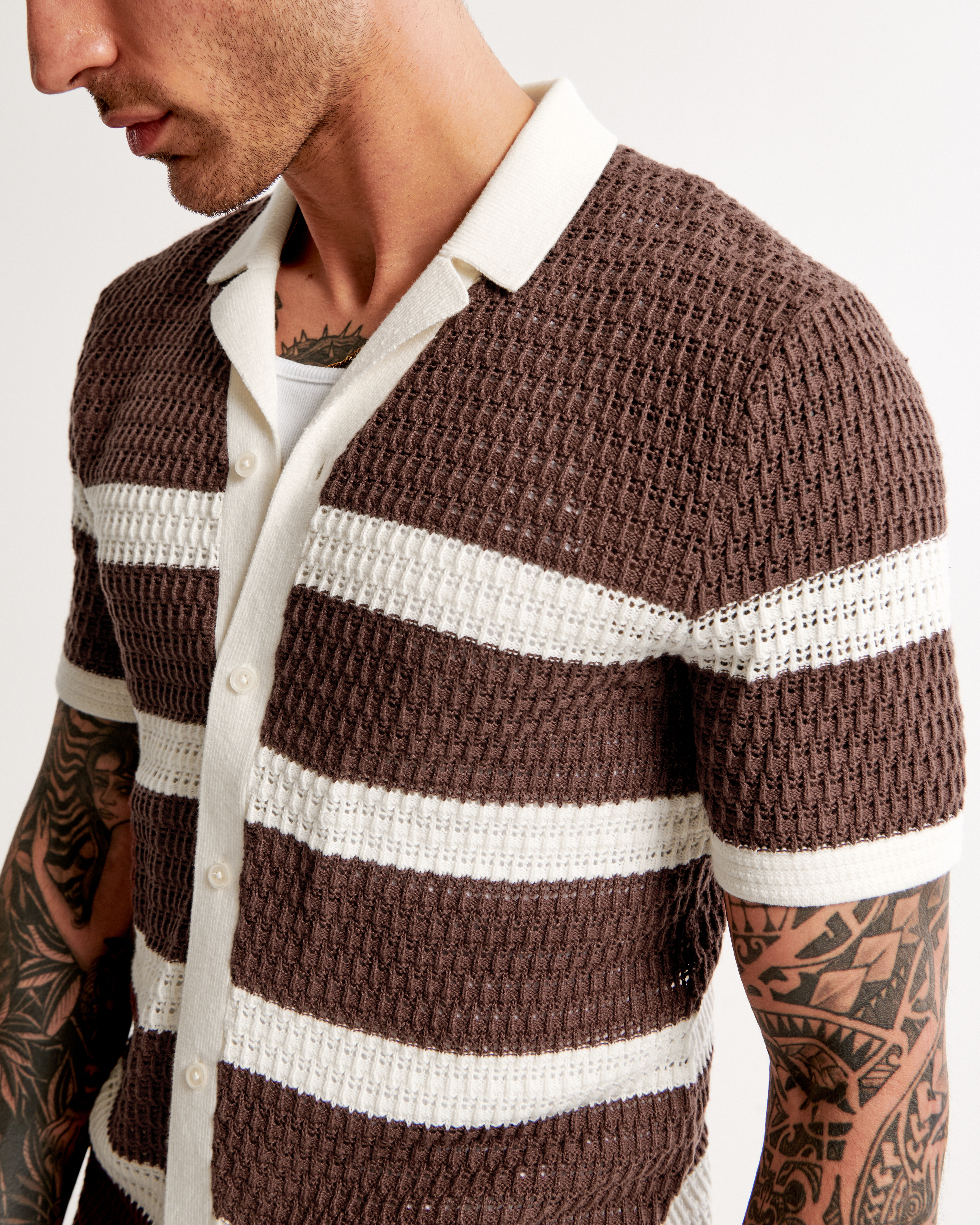 Crochet Striped Button-Through Sweater Polo