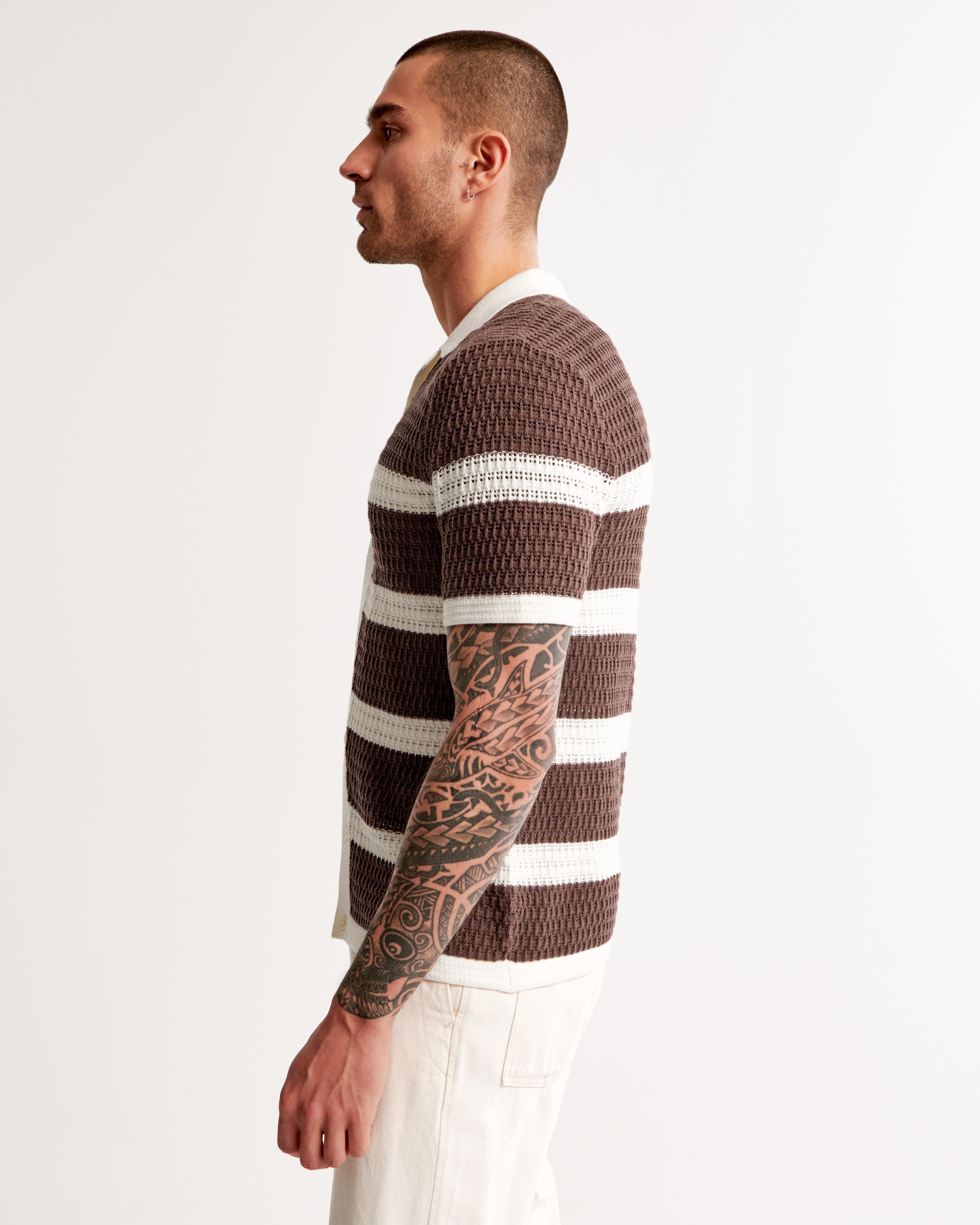 Men's Crochet Striped Button-Through Sweater Polo | Men's