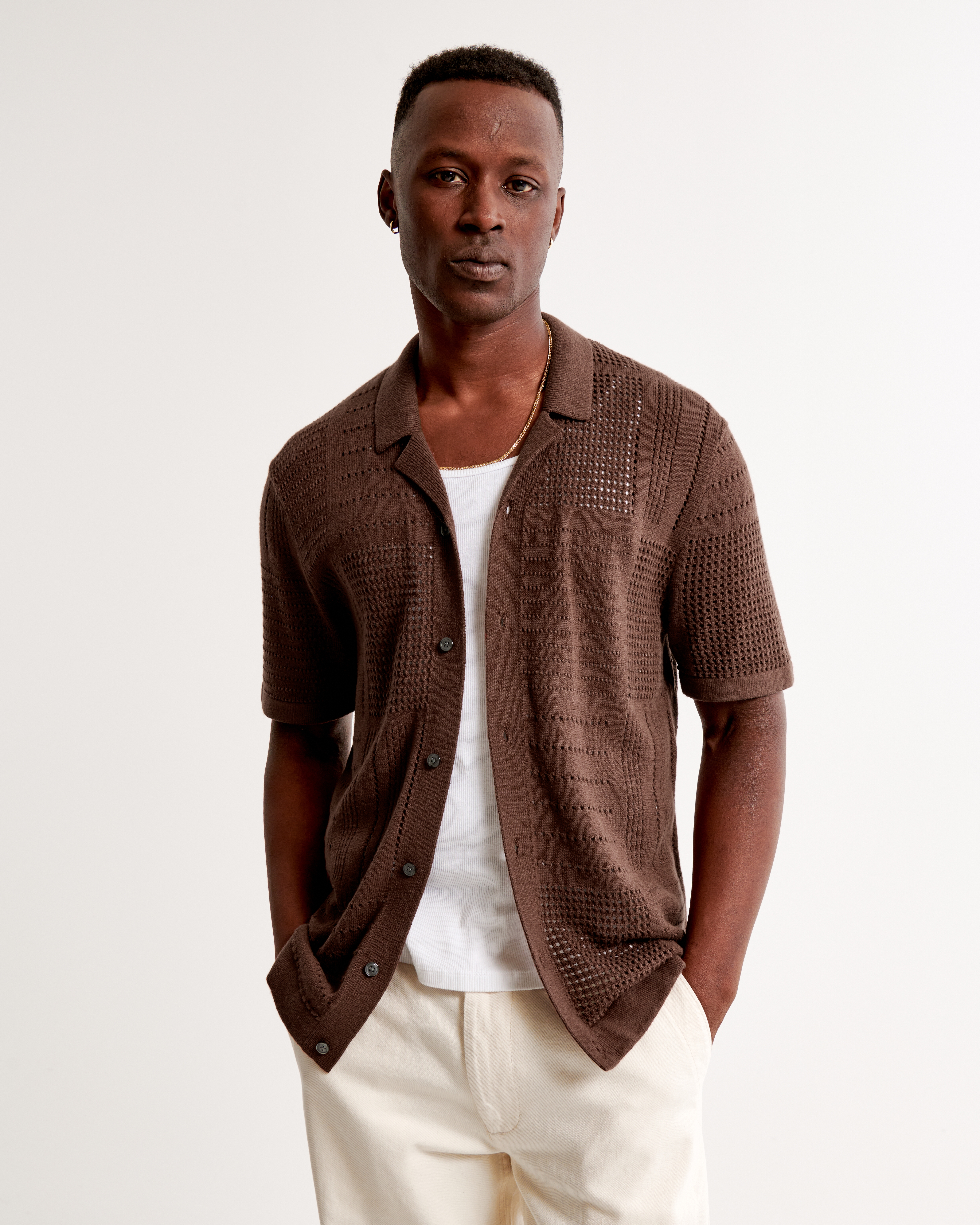 Men's Patchwork Stitch Button-Through Sweater Polo | Men's