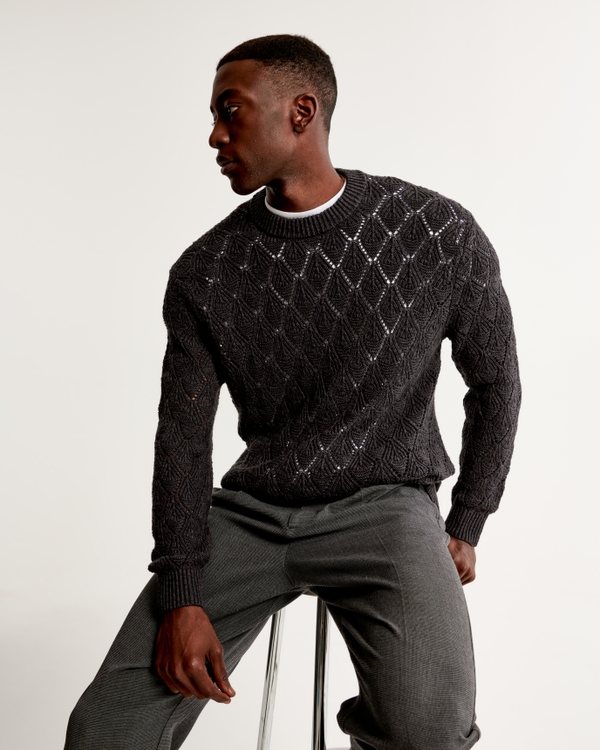 Crochet-Style Crew Sweater, Dark Grey