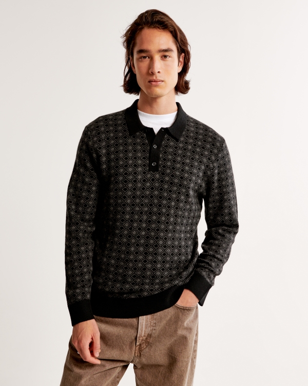 Long-Sleeve 3-Button Sweater Polo, Dark Grey Pattern