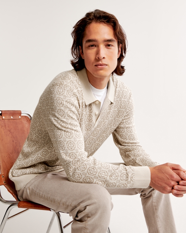 Long-Sleeve 3-Button Sweater Polo, Cream Pattern