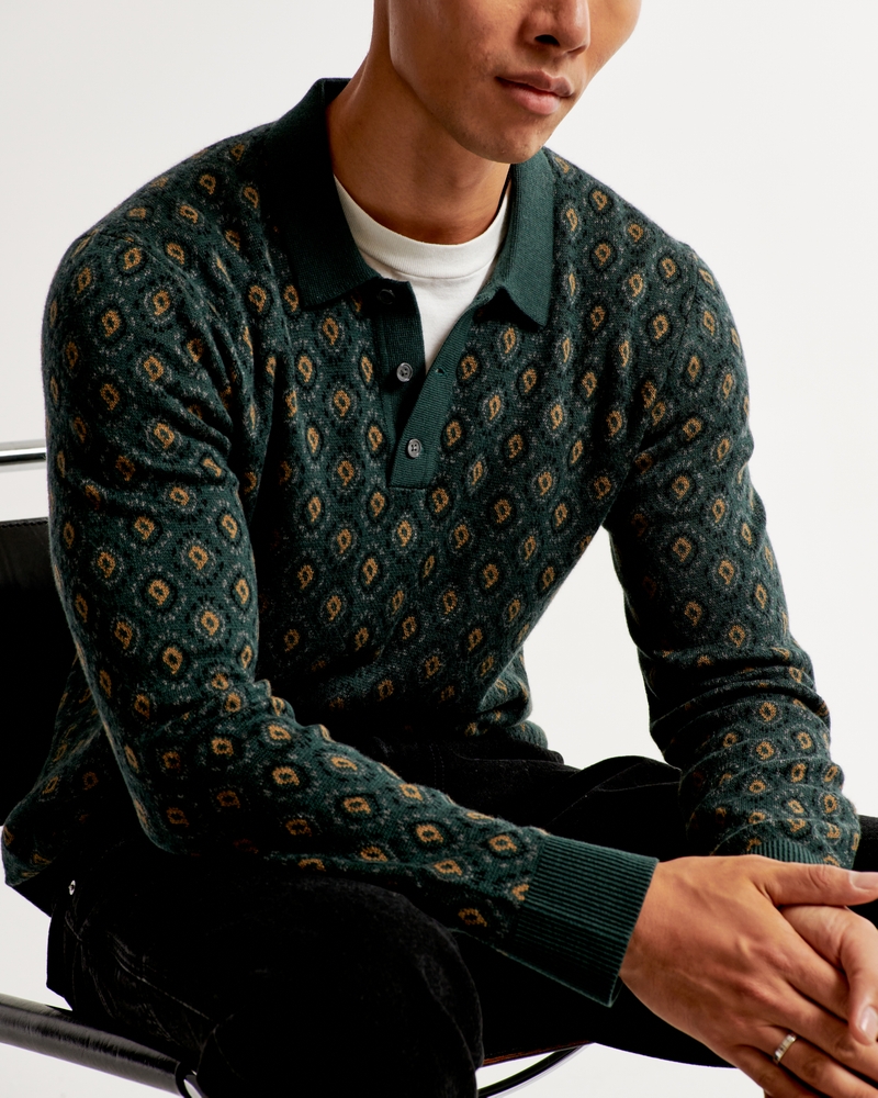 Men's Pattern Long-Sleeve 3-Button Sweater Polo