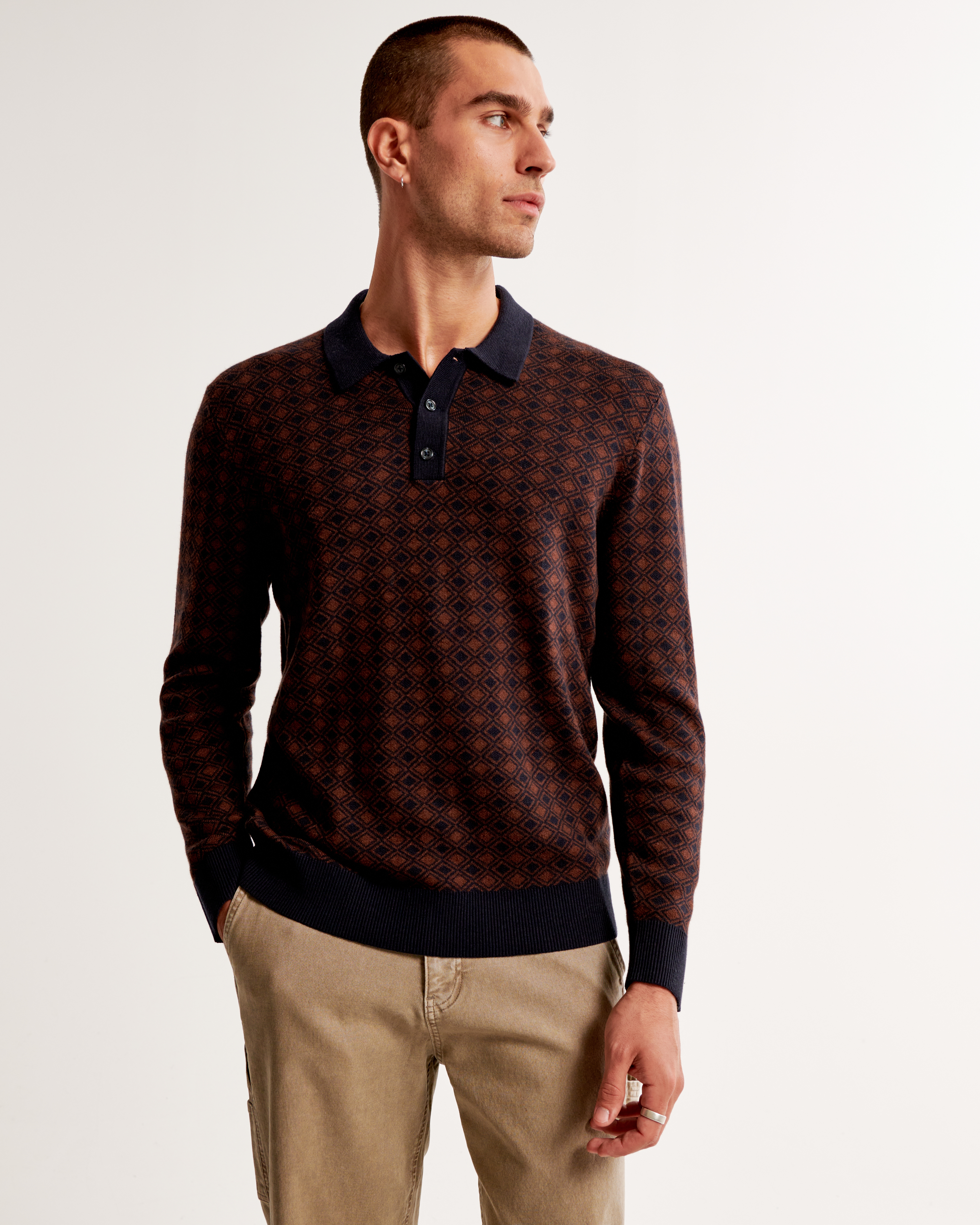 Men's Pattern Long-Sleeve 3-Button Sweater Polo | Men's Tops