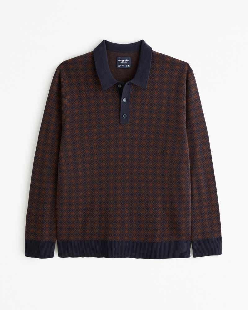 Men's Pattern Long-Sleeve 3-Button Sweater Polo, Men's Tops