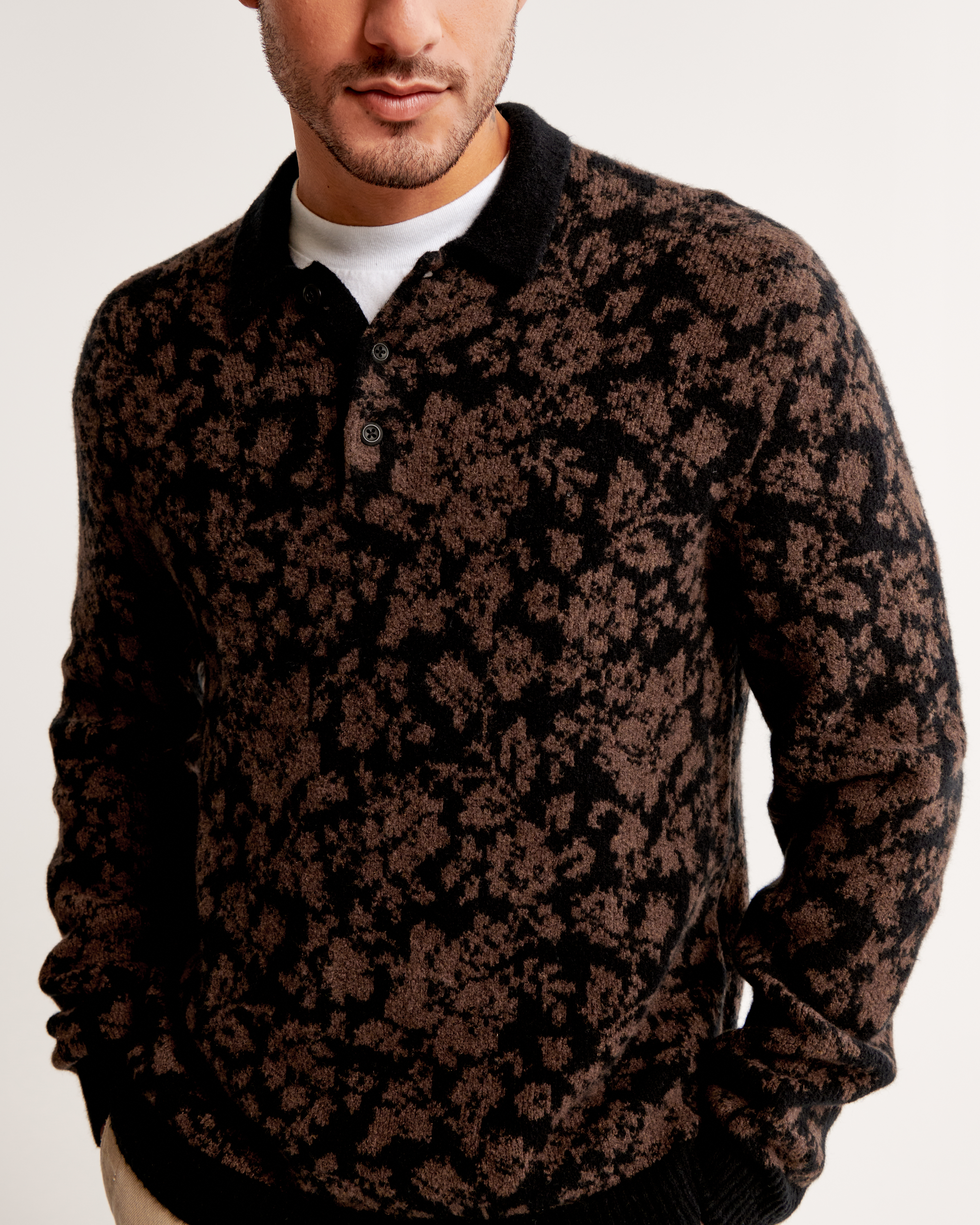 Fuzzy Floral Long-Sleeve 3-Button Sweater Polo