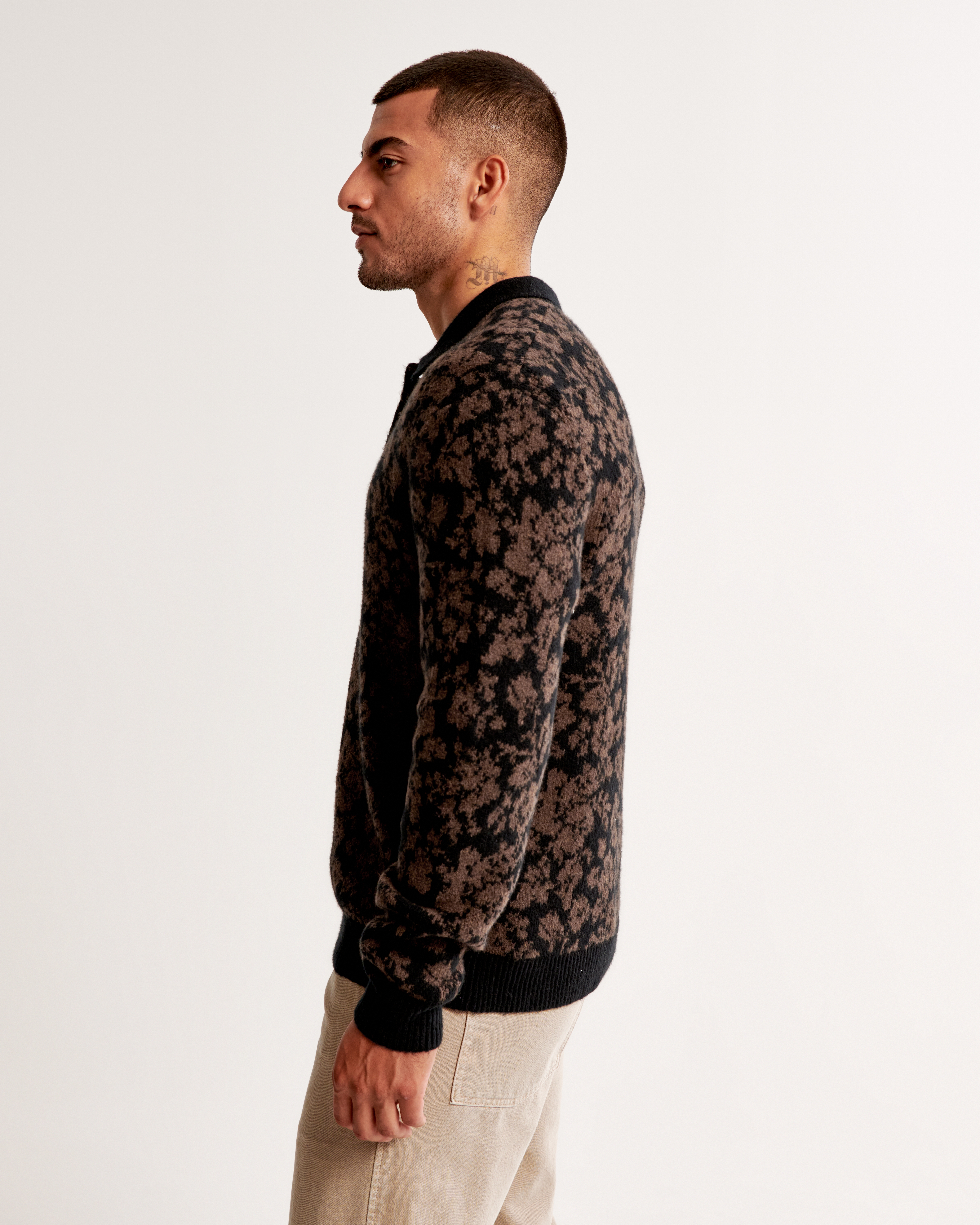 Men's Fuzzy Floral Long-Sleeve 3-Button Sweater Polo | Men's Tops